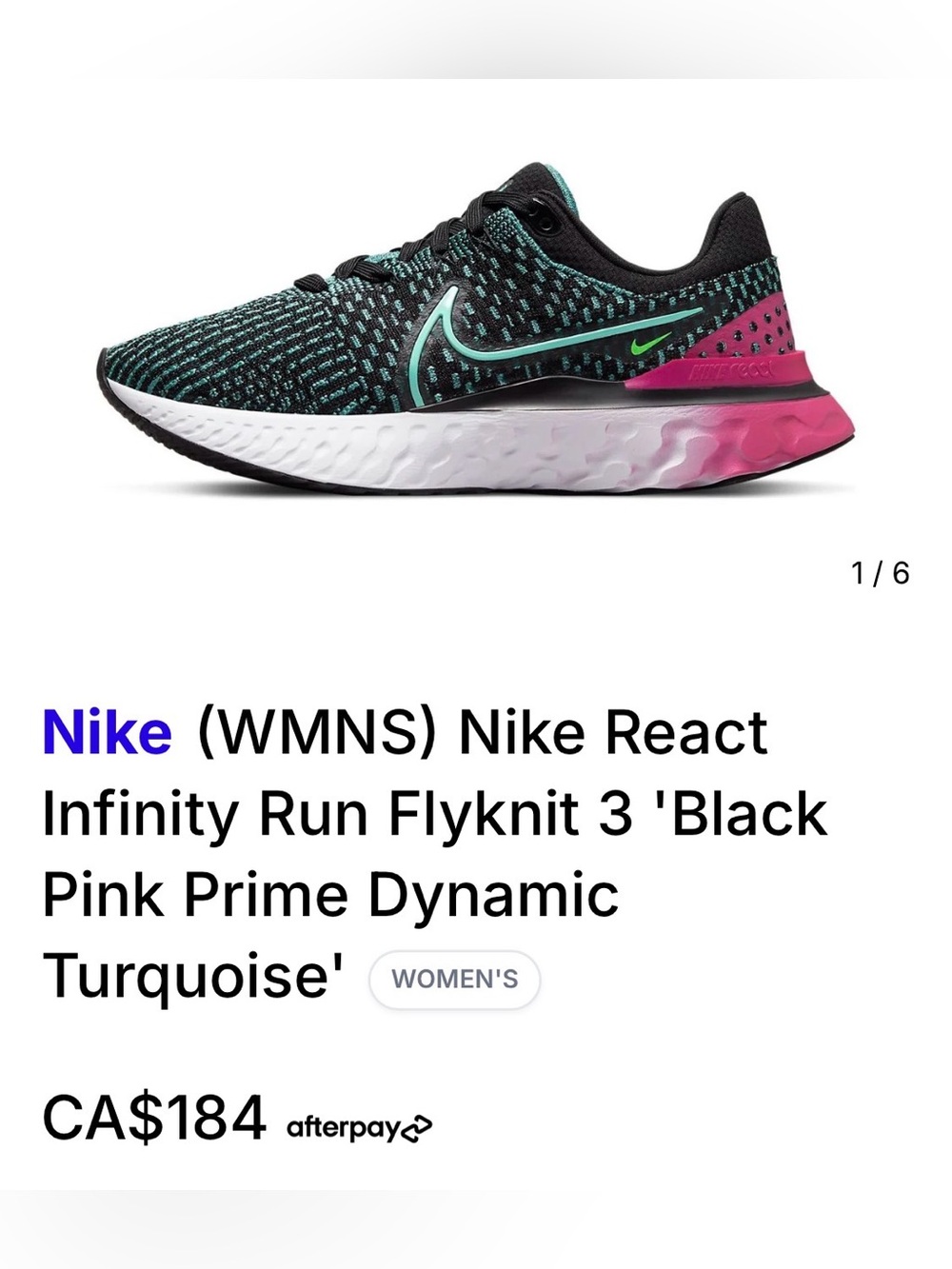 Nike Women's React Flyknit Running Shoe - Black Turquoise Pink